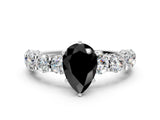 Silver Fancy Black Pear Cut Diamond Side Stone Engagement Ring with Four-Prong Setting