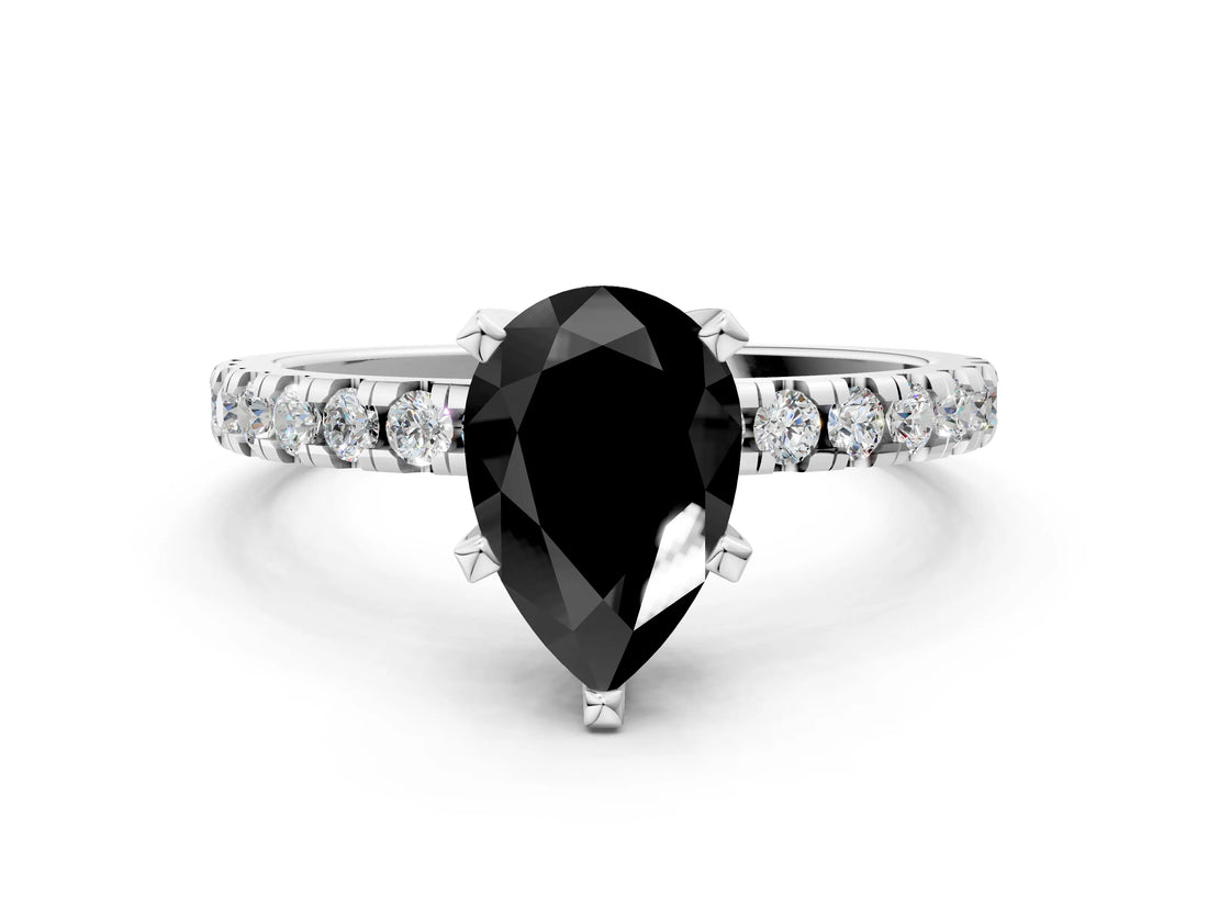 Silver Fancy Black Pear Cut Diamond Solitaire Ring with Round  Pavé Band and Four-Prong Setting_36