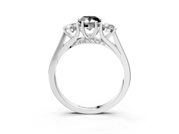 Silver Fancy Black Pear Cut Diamond Three-Stone Engagement Ring with Prong Setting and Pavé Band