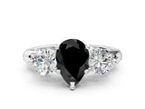 Silver Fancy Black Pear Cut Diamond Three-Stone Ring with Prong Setting and Pavé Band_12