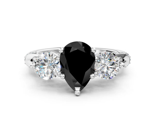 Sterling Silver Pear-Shaped Curved Pave Three Stone Engagement Ring Setting for Black Center
