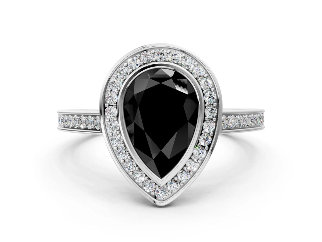 Silver Fancy Black Pear Cut Halo Bezel Diamond Pave Band Ring_6