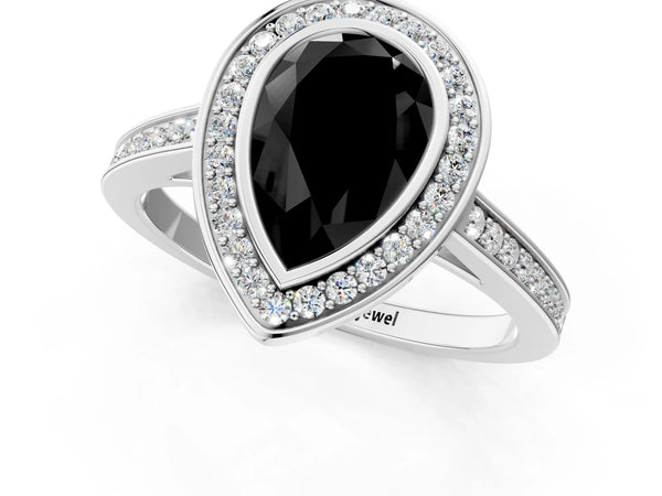 Silver Fancy Black Pear Cut Halo Bezel Diamond Pave Band Ring