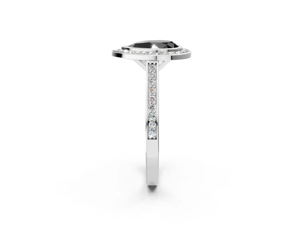 Silver Fancy Black Pear Cut Halo Bezel Diamond Pave Band Ring