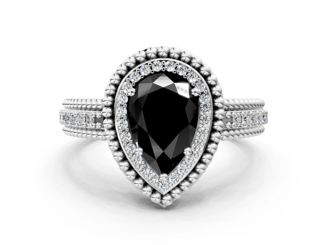 Silver Fancy Black Pear Cut Halo Diamond Ring with Beaded Split Shank and Four-Prong Setting_6