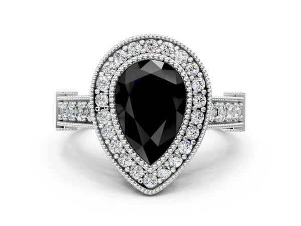 Sterling Silver Pear-Shaped Vintage Bezel Halo Engagement Ring Setting for Black Center