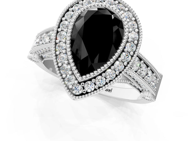 Sterling Silver Pear-Shaped Vintage Bezel Halo Engagement Ring Setting for Black Center