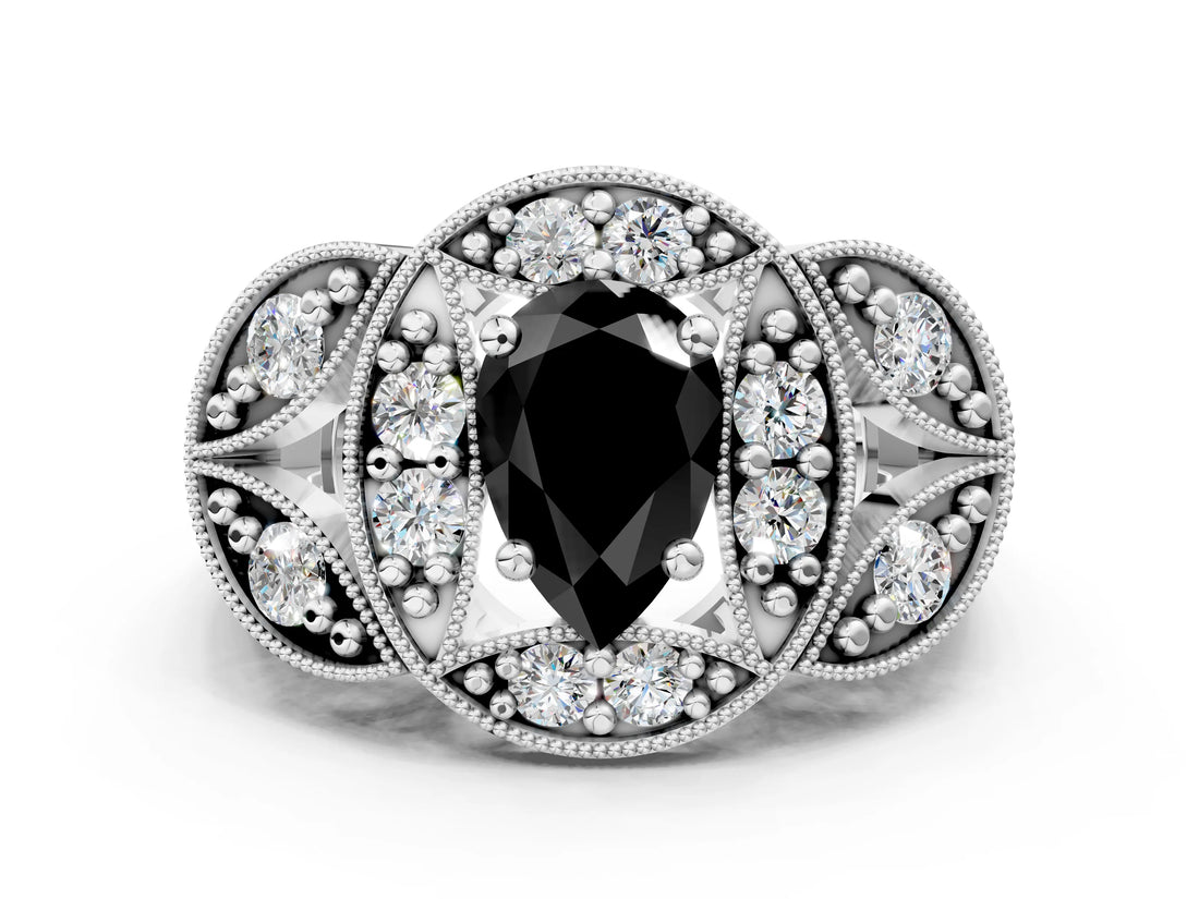 Silver Fancy Black Pear Cut Halo Milgrain Diamond Engagement Ring with Leaf Band and Four-Prong Setting_6