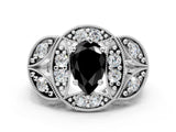 Silver Fancy Black Pear Cut Halo Milgrain Diamond Engagement Ring with Leaf Band and Four-Prong Setting_6