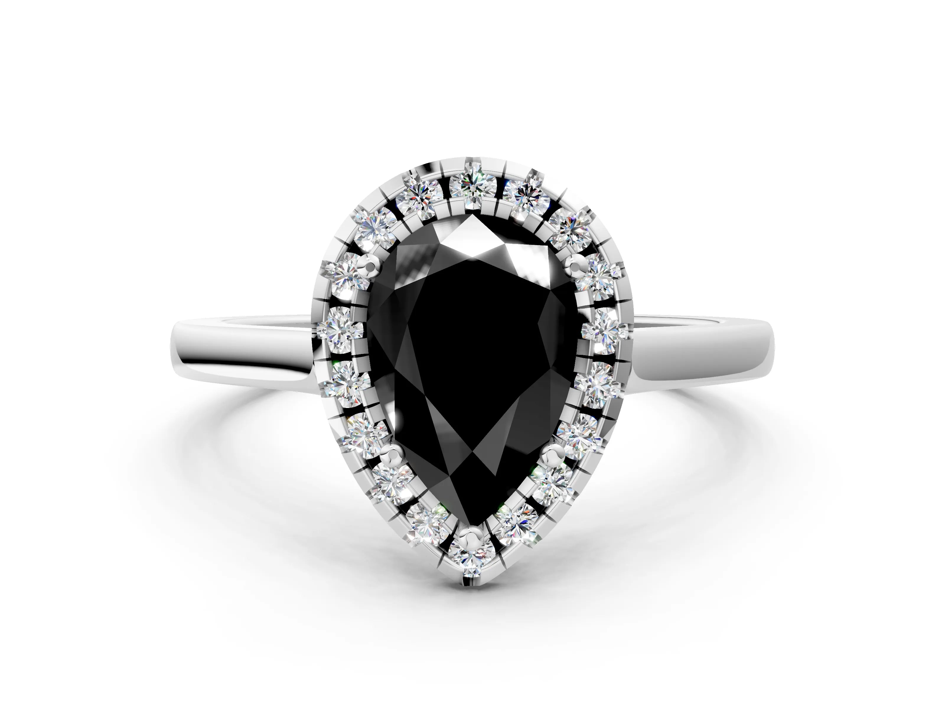 Silver Fancy Black Pear Cut Halo Round Diamond Solitaire Ring with Pavé Band and Four-Prong Setting_24