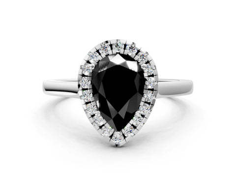 Silver Fancy Black Pear Cut Halo Round Diamond Solitaire Ring with Pavé Band and Four-Prong Setting_24