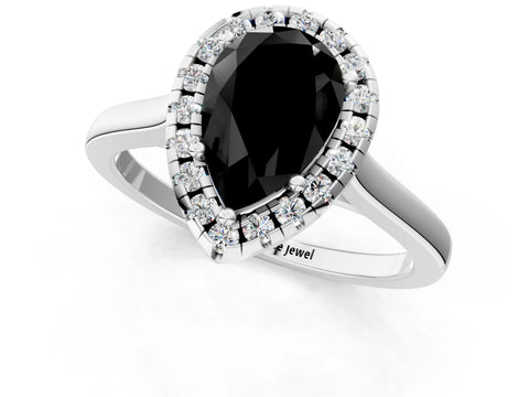 Silver Fancy Black Pear Cut Halo Round Diamond Solitaire Ring with Pavé Band and Four-Prong Setting_25