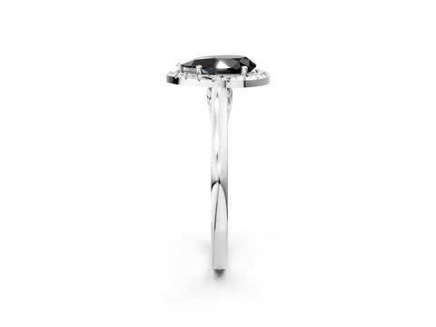 Silver Fancy Black Pear Cut Halo Round Diamond Solitaire Ring with Pavé Band and Four-Prong Setting_26