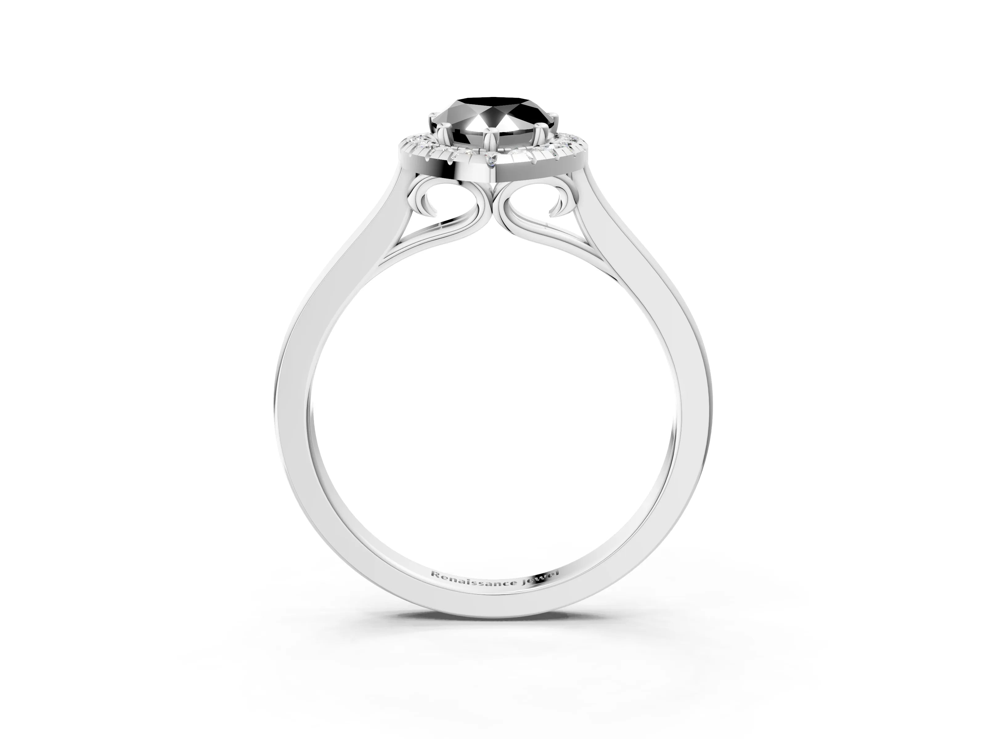 Silver Fancy Black Pear Cut Halo Round Diamond Solitaire Ring with Pavé Band and Four-Prong Setting_27