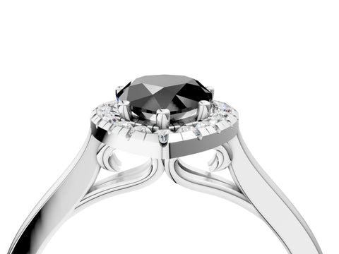Silver Fancy Black Pear Cut Halo Round Diamond Solitaire Ring with Pavé Band and Four-Prong Setting_28