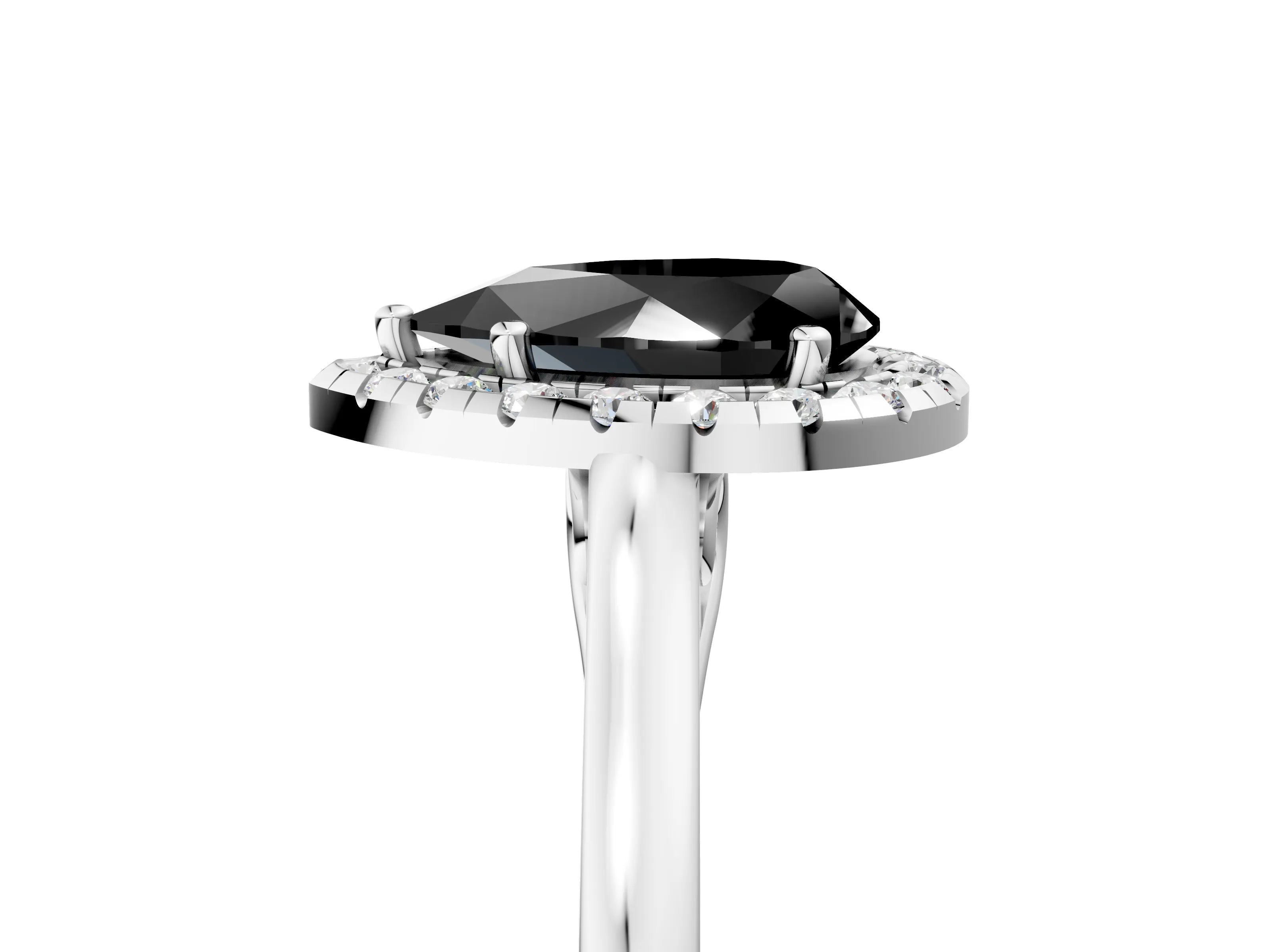 Silver Fancy Black Pear Cut Halo Round Diamond Solitaire Ring with Pavé Band and Four-Prong Setting_29