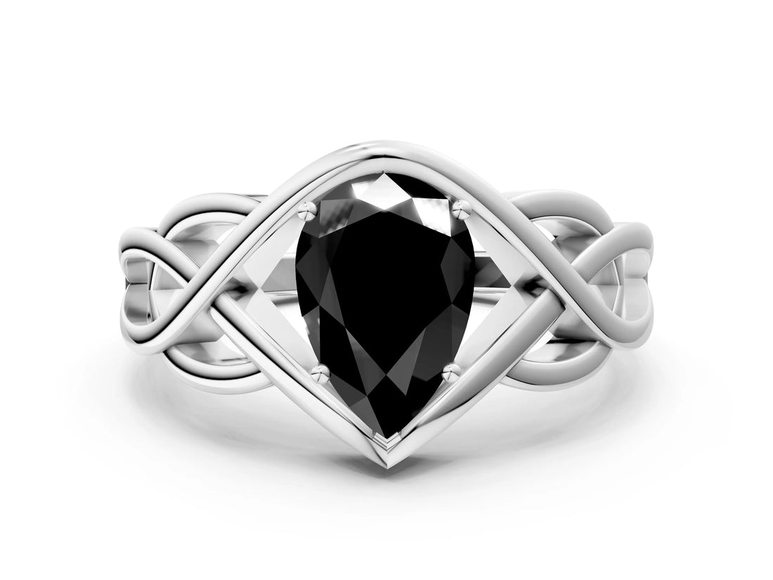 Silver Fancy Black Pear Cut Solitaire Intertwined Band Prong Setting Ring_6