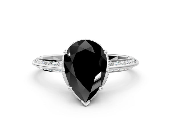 Sterling Silver Pear-Shaped Graduated Pave Engagement Ring Setting for Black Center