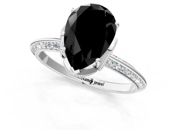 Sterling Silver Pear-Shaped Graduated Pave Engagement Ring Setting for Black Center