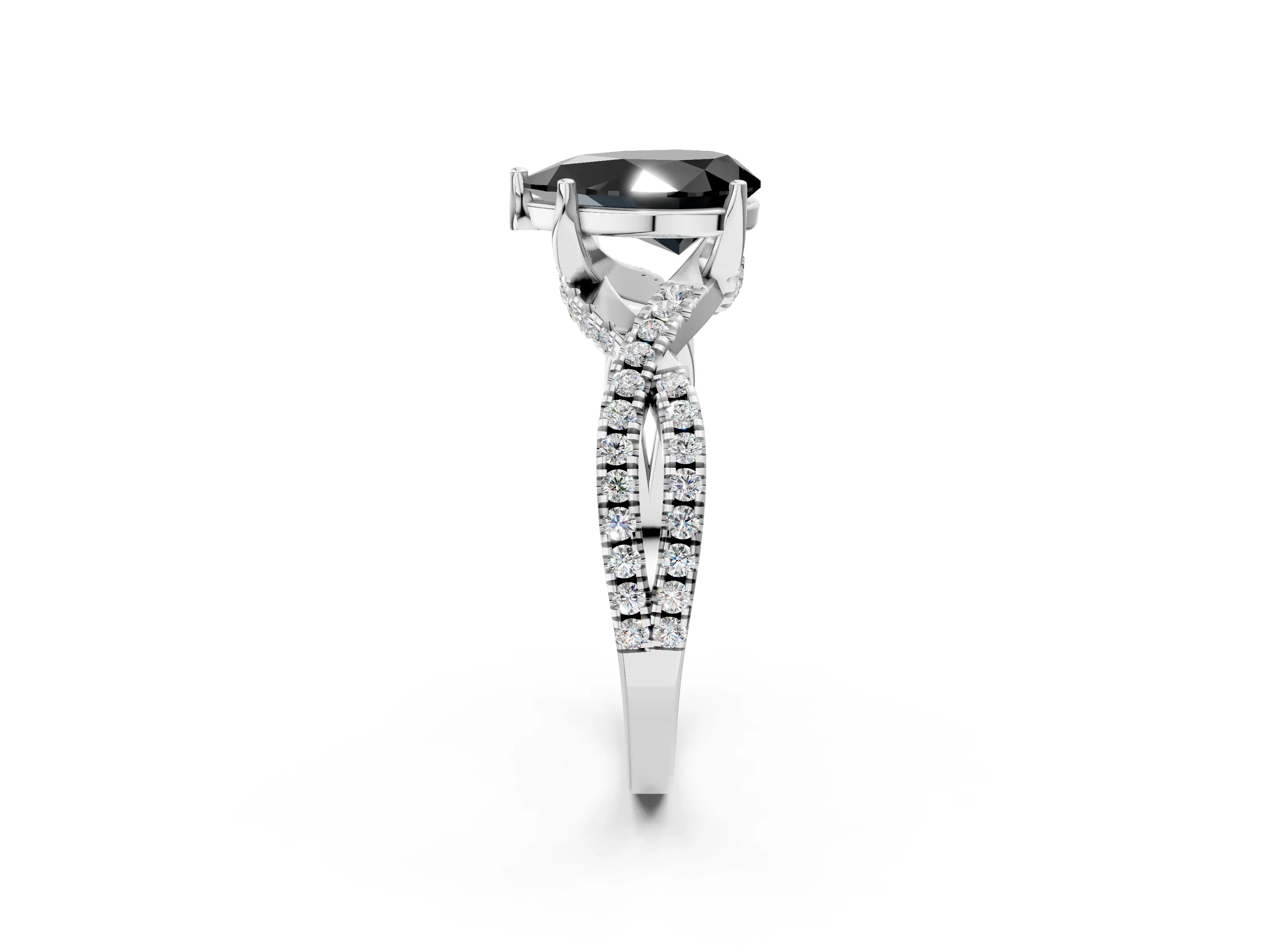 Silver Fancy Black Pear Cut Solitaire Twist Pave Diamond Engagement Ring with Prong Setting_104