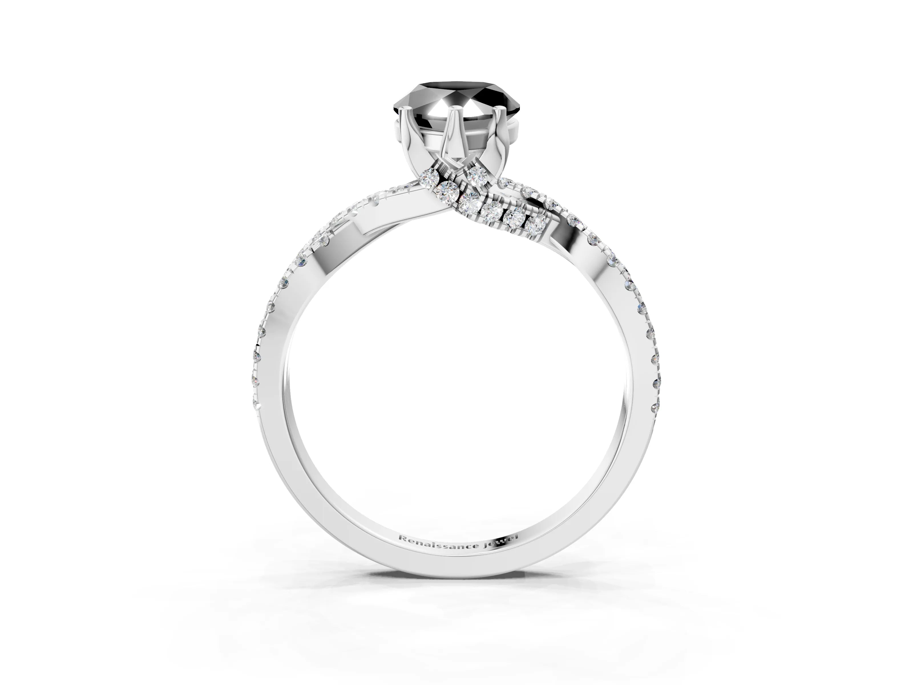 Silver Fancy Black Pear Cut Solitaire Twist Pave Diamond Engagement Ring with Prong Setting_33