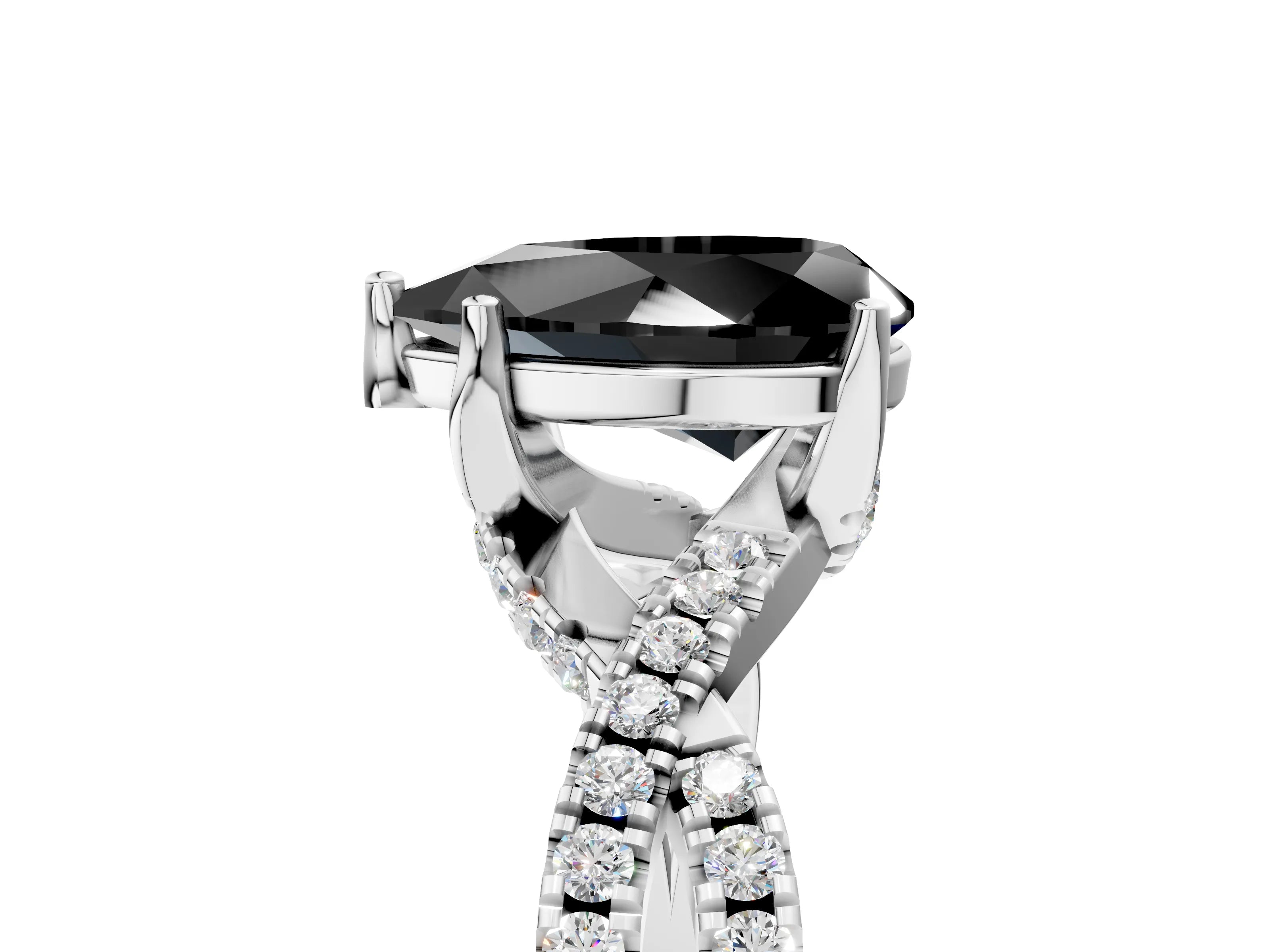Silver Fancy Black Pear Cut Solitaire Twist Pave Diamond Engagement Ring with Prong Setting_35