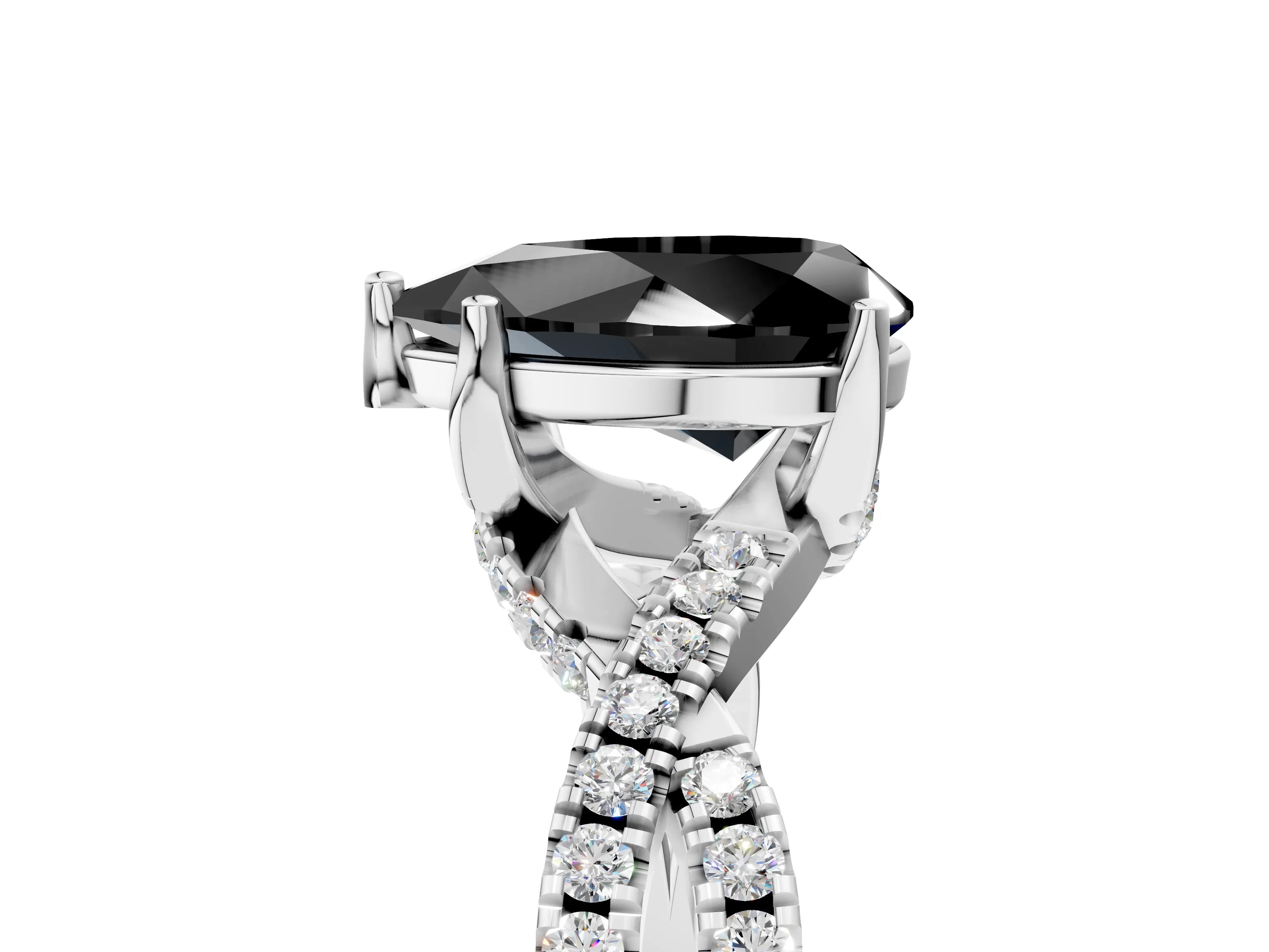 Silver Fancy Black Pear Cut Solitaire Twist Pave Diamond Engagement Ring with Prong Setting_83