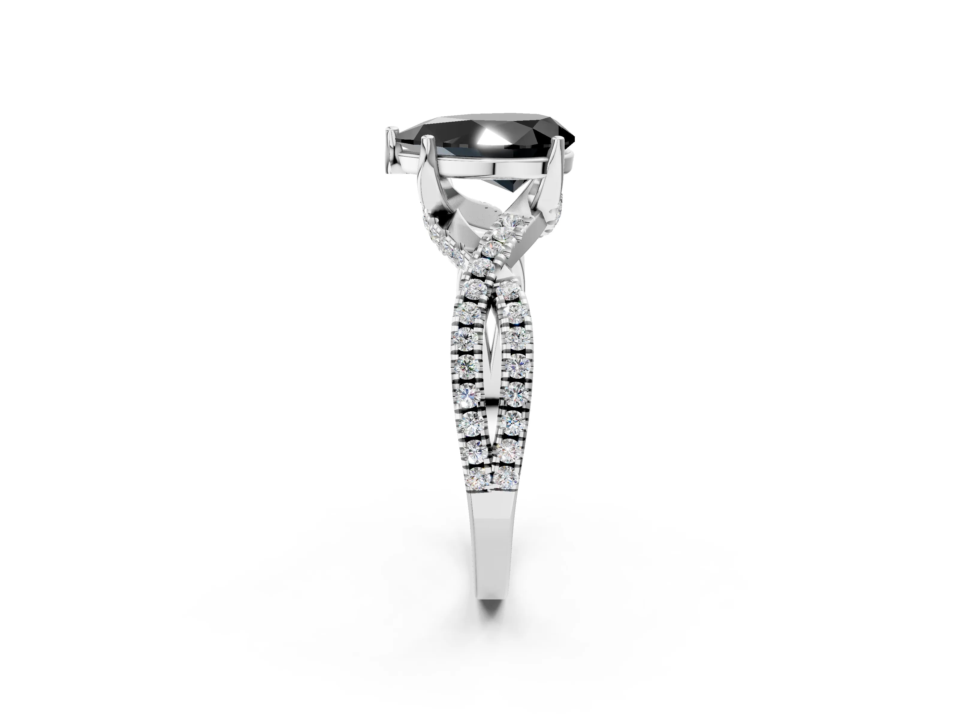 Silver Fancy Black Pear Cut Solitaire Twist Pave Diamond Engagement Ring with Prong Setting_92