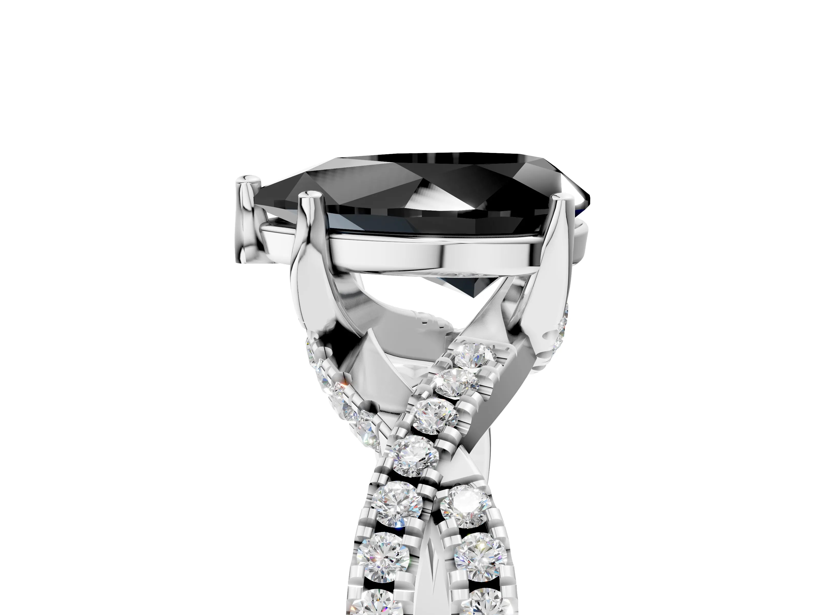 Silver Fancy Black Pear Cut Solitaire Twist Pave Diamond Engagement Ring with Prong Setting_95