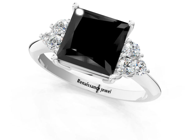 Sterling Silver Princess Cut Cluster Accent Engagement Ring Setting for Black Center
