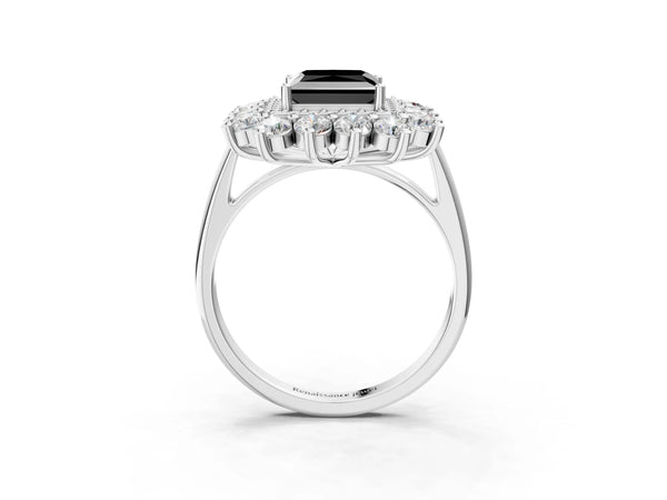 Sterling Silver Princess Cut Floral Double Halo Engagement Ring Setting for Black Center