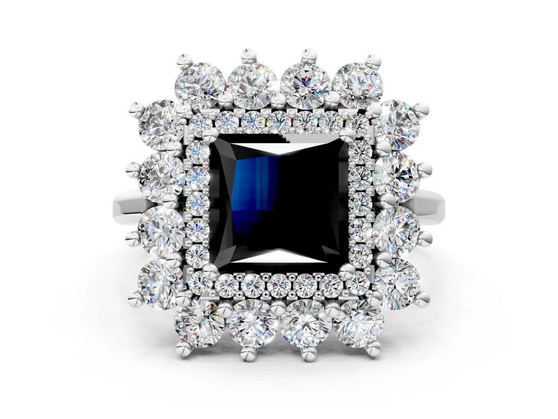 Silver Fancy Black Princess Cut Diamond Floral Double Halo Engagement Ring with Prong Setting_42