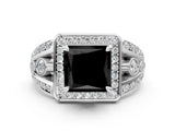 Silver Fancy Black Princess Cut Diamond Halo Ring with Split Shank and Bezel Accents and Four-Prong Setting_6