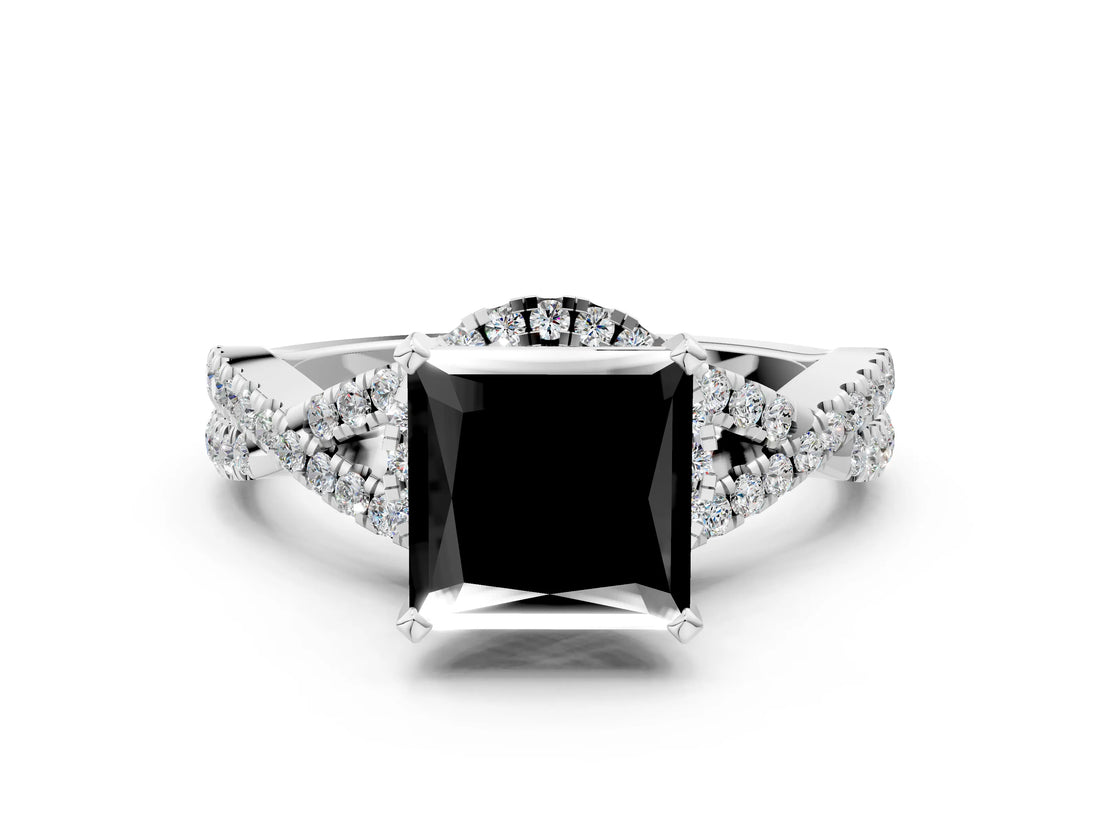 Silver Fancy Black Princess Cut Diamond  Halo Twist Band Solitaire Prong Setting Ring_12