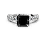 Silver Fancy Black Princess Cut Diamond Side Stone Engagement Ring with Four-Prong Setting