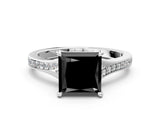 Silver Fancy Black Princess Cut Diamond Solitaire Ring with Pavé Band and Prong Setting_12