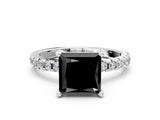 Silver Fancy Black Princess Cut Diamond Solitaire Ring with Round  Pavé Band and Four-Prong Setting_24