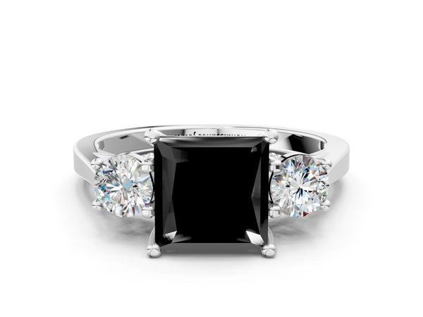Silver Fancy Black Princess Cut Diamond Three-Stone Engagement Ring with Prong Setting and Pavé Band