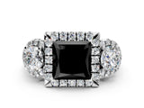 Silver Fancy Black Princess Cut Diamond Three-Stone Halo Ring with Prong Setting and Pavé Accents_12