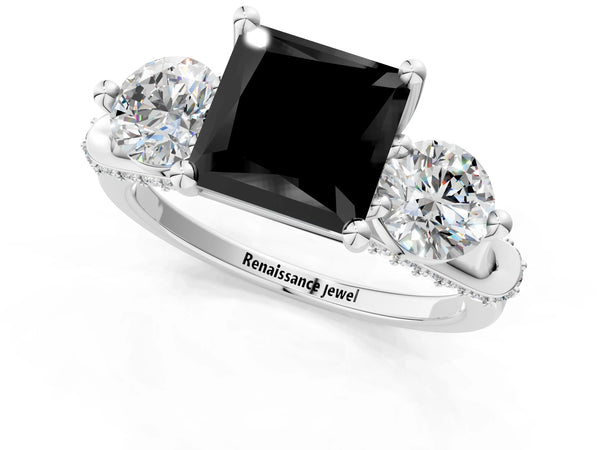 Sterling Silver Princess Cut Curved Pave Three Stone Engagement Ring Setting for Black Center