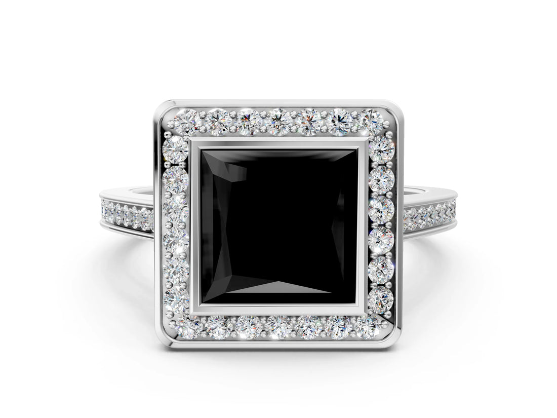 Silver Fancy Black Princess Cut Halo Bezel Diamond Pave Band Ring_6