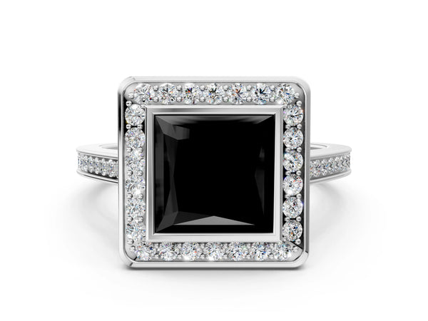 Silver Fancy Black Princess Cut Halo Bezel Diamond Pave Band Ring