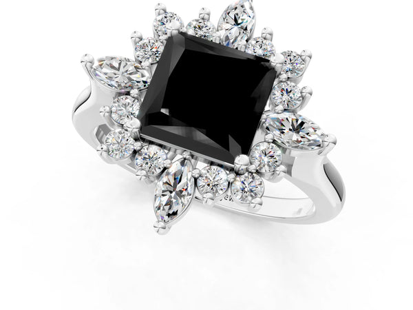 Silver Fancy Black Princess Cut Starburst Halo Engagement Ring Setting with Marquise and Round Accents