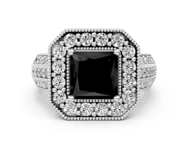 Silver Fancy Black Princess Cut Halo Diamond Engagement Ring with Pave Split Shank and Four-Prong Setting