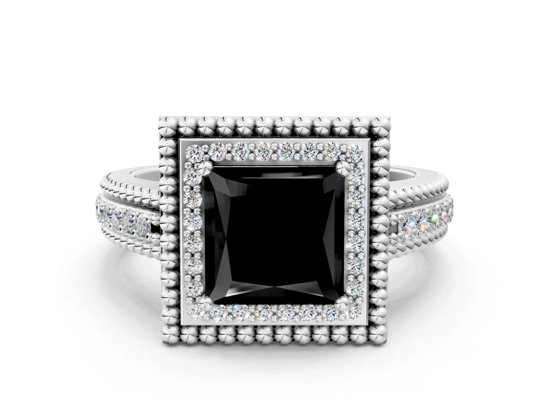 Silver Fancy Black Princess Cut Halo Diamond Ring with Beaded Split Shank and Four-Prong Setting_6