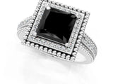 Silver Fancy Black Princess Cut Halo Diamond Ring with Beaded Split Shank and Four-Prong Setting_7
