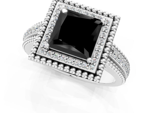 Sterling Silver Princess Cut Beaded Halo Engagement Ring Setting for Black Center with Pave