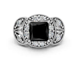Silver Fancy Black Princess Cut Halo Milgrain Diamond Engagement Ring with Leaf Band and Four-Prong Setting_12