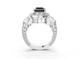 Silver Fancy Black Princess Cut Halo Milgrain Diamond Engagement Ring with Leaf Band and Four-Prong Setting_15