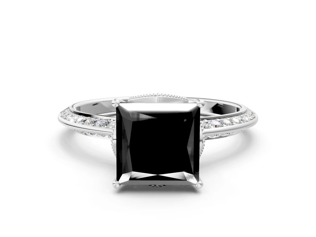 Silver Fancy Black Princess Cut Solitaire Split Shank Pave Diamond Engagement Ring with Four-Prong Setting_54